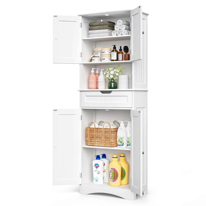 66.5Tall Freestanding White Kitchen Food Storage Cabinet with Metal Slide Drawers with Flip-Flops