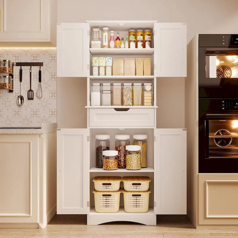 66.5Tall Freestanding White Kitchen Food Storage Cabinet with Metal Slide Drawers with Flip-Flops