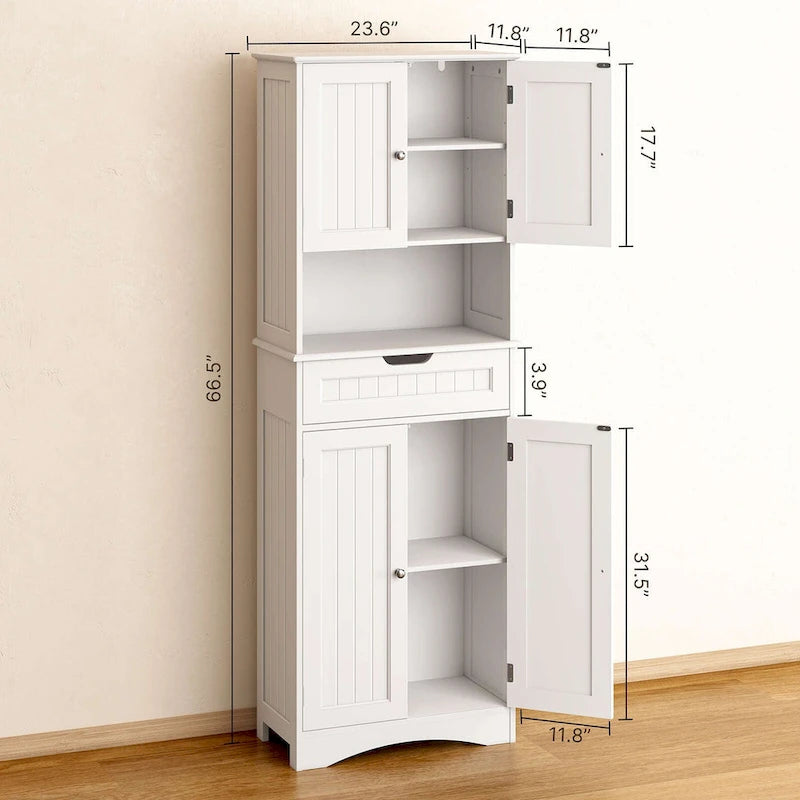 66.5Tall Freestanding White Kitchen Food Storage Cabinet with Metal Slide Drawers with Flip-Flops