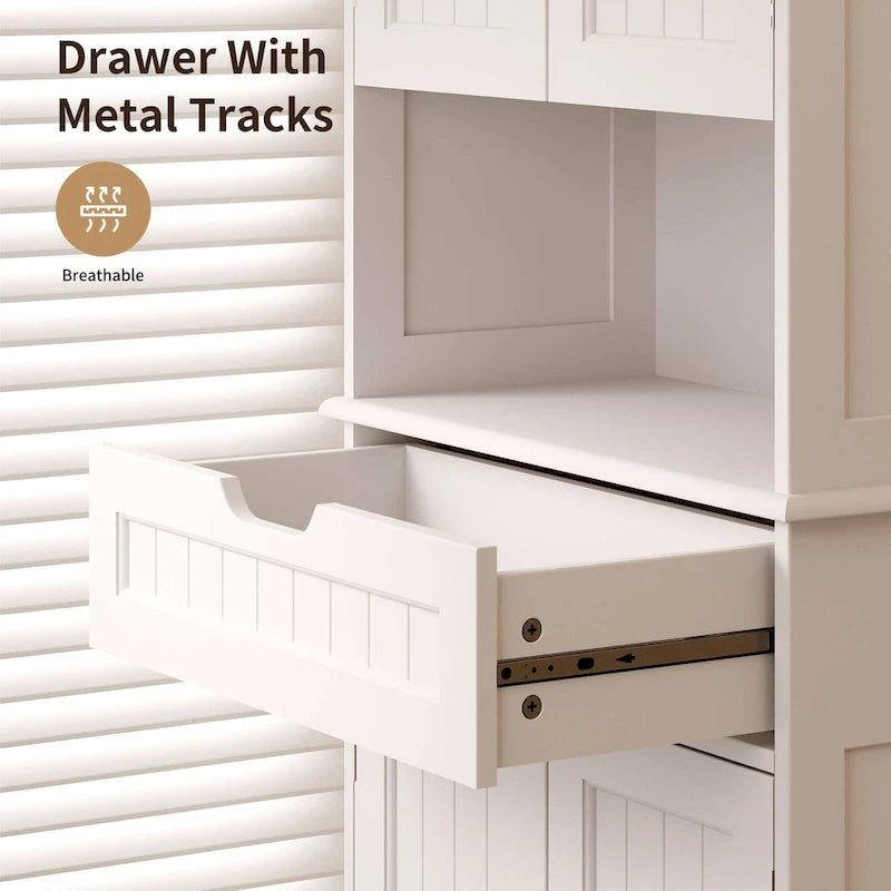 66.5Tall Freestanding White Kitchen Food Storage Cabinet with Metal Slide Drawers with Flip-Flops