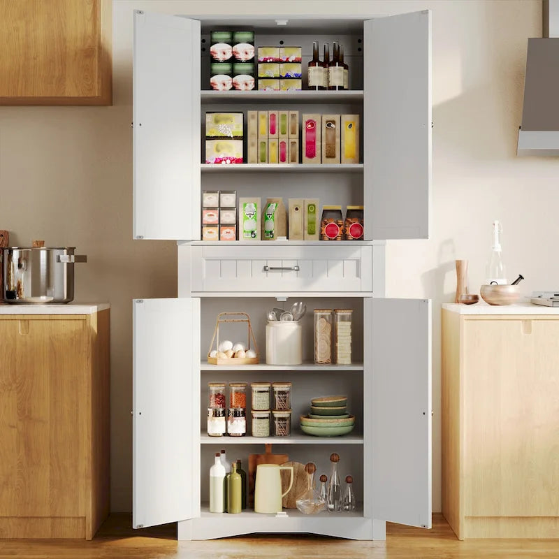 66.5Tall Freestanding White Kitchen Food Storage Cabinet with Metal Slide Drawers with Flip-Flops