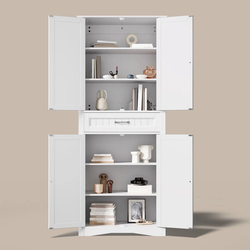 66.5Tall Freestanding White Kitchen Food Storage Cabinet with Metal Slide Drawers with Flip-Flops