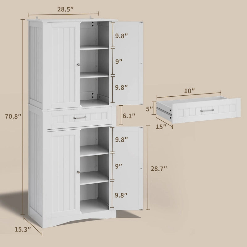 66.5Tall Freestanding White Kitchen Food Storage Cabinet with Metal Slide Drawers with Flip-Flops