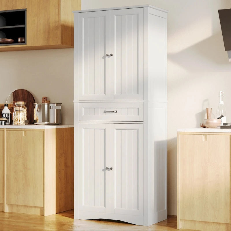 66.5Tall Freestanding White Kitchen Food Storage Cabinet with Metal Slide Drawers with Flip-Flops