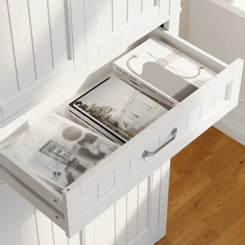 66.5Tall Freestanding White Kitchen Food Storage Cabinet with Metal Slide Drawers with Flip-Flops