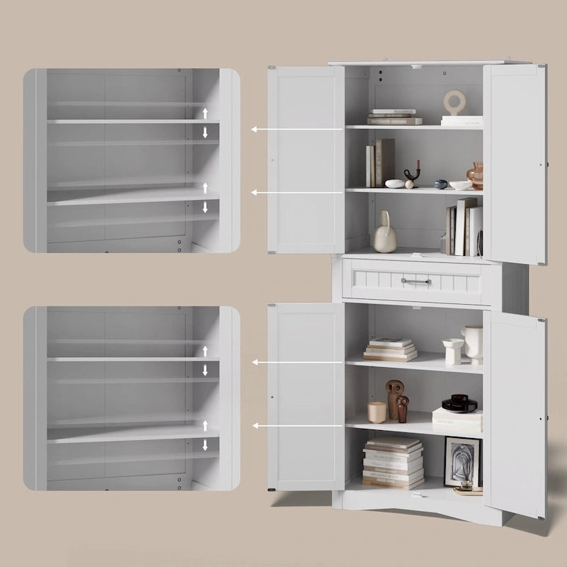 66.5Tall Freestanding White Kitchen Food Storage Cabinet with Metal Slide Drawers with Flip-Flops