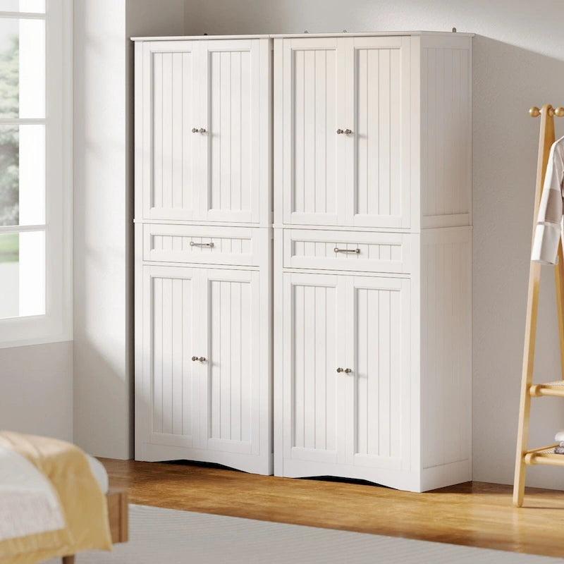 66.5Tall Freestanding White Kitchen Food Storage Cabinet with Metal Slide Drawers with Flip-Flops