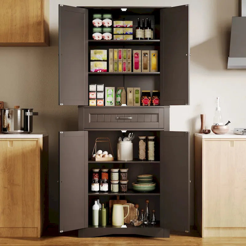 66.5Tall Freestanding White Kitchen Food Storage Cabinet with Metal Slide Drawers with Flip-Flops