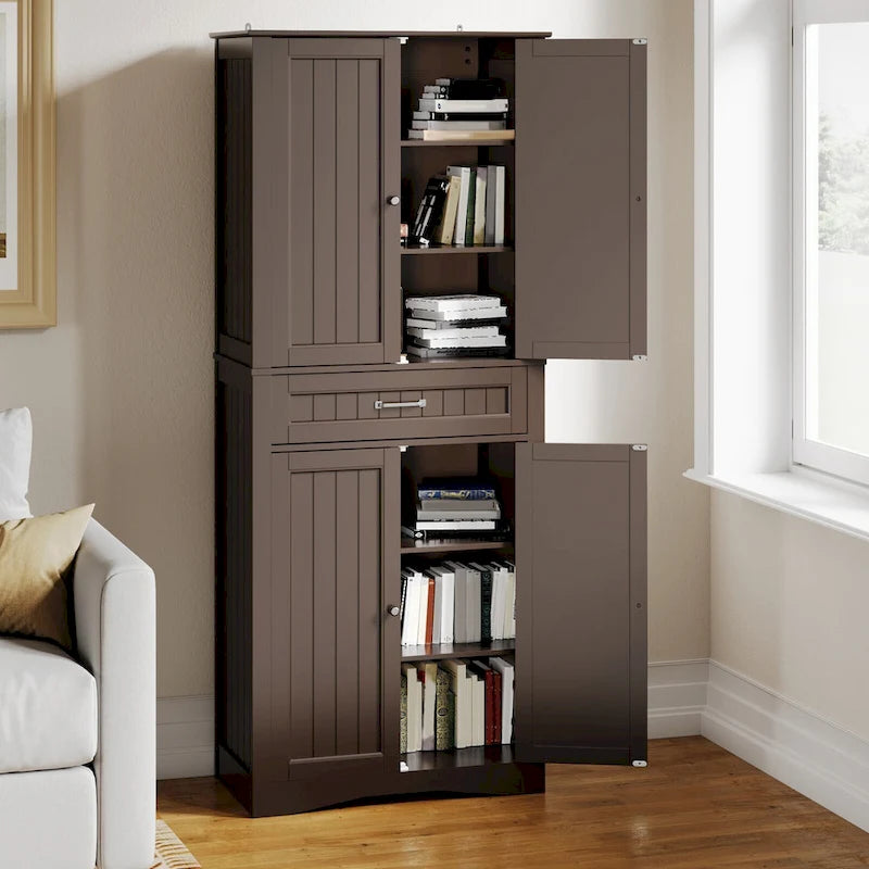 66.5Tall Freestanding White Kitchen Food Storage Cabinet with Metal Slide Drawers with Flip-Flops