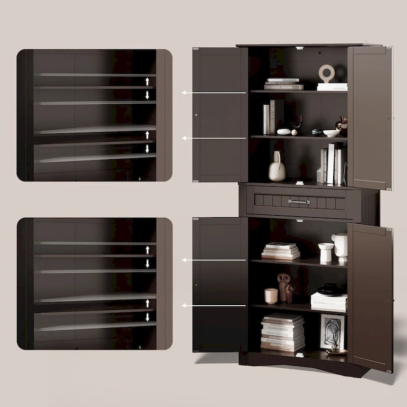 66.5Tall Freestanding White Kitchen Food Storage Cabinet with Metal Slide Drawers with Flip-Flops