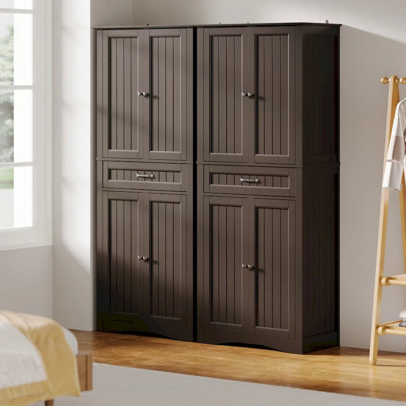 66.5Tall Freestanding White Kitchen Food Storage Cabinet with Metal Slide Drawers with Flip-Flops