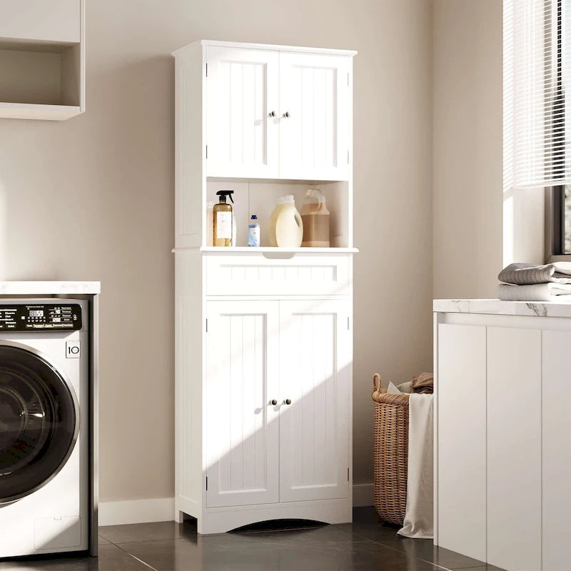 66.5Tall Freestanding White Kitchen Food Storage Cabinet with Metal Slide Drawers with Flip-Flops