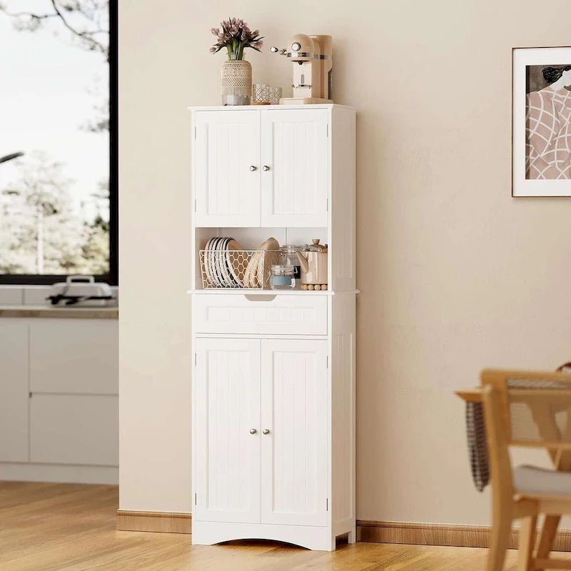 66.5Tall Freestanding White Kitchen Food Storage Cabinet with Metal Slide Drawers with Flip-Flops