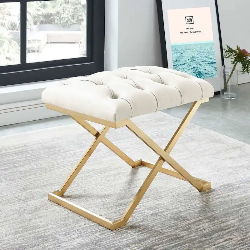 22 Ivory and Gold Contemporary Single Bench with Button Tufting