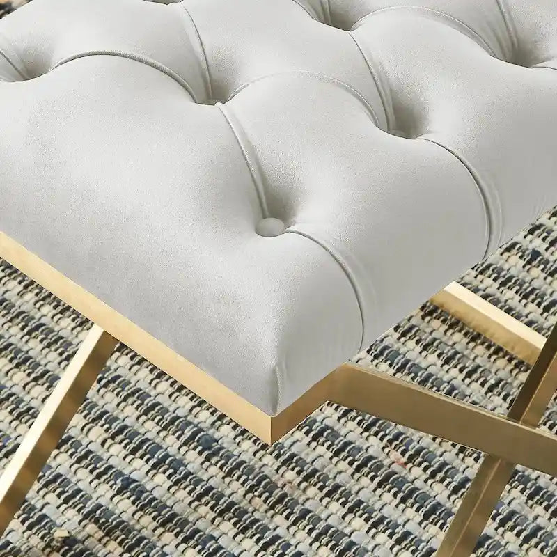 22 Ivory and Gold Contemporary Single Bench with Button Tufting