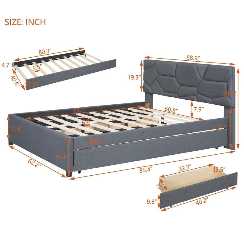 Queen Size Linen Platform Bed with Twin Size Trundle and Drawers