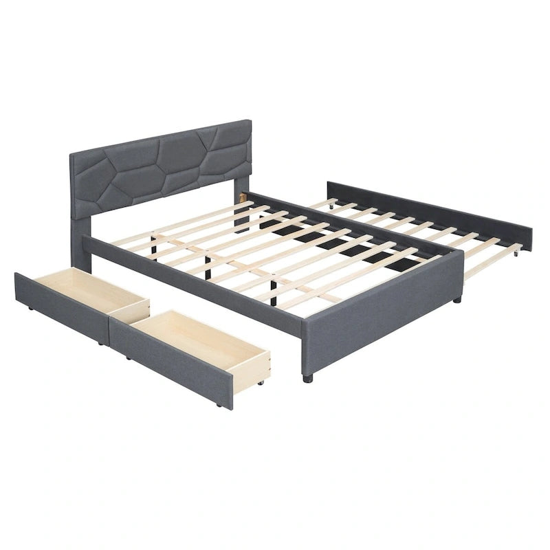 Queen Size Linen Platform Bed with Twin Size Trundle and Drawers