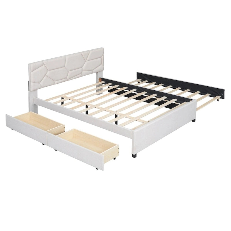 Queen Size Linen Platform Bed with Twin Size Trundle and Drawers