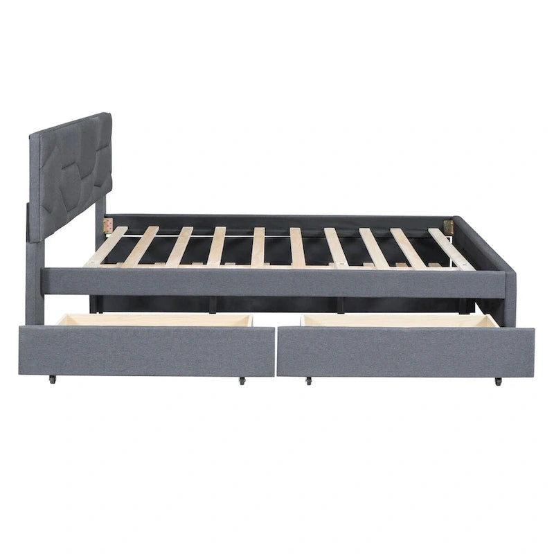 Queen Size Linen Platform Bed with Twin Size Trundle and Drawers