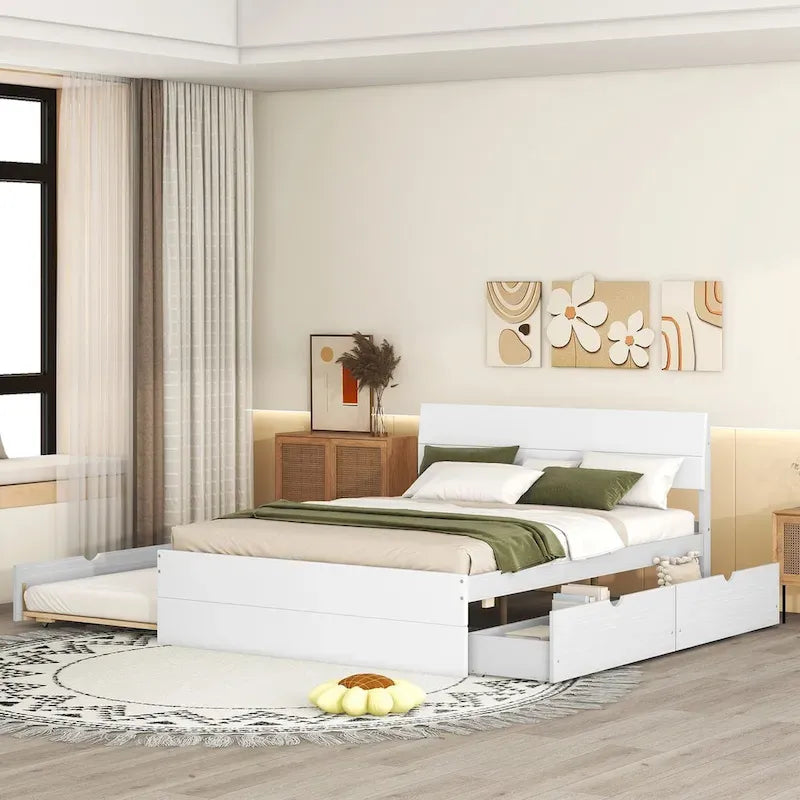Modern Full Bed Frame With Twin Size Trundle And 2 Drawers