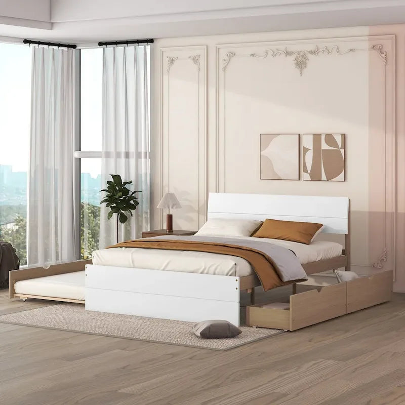 Modern Full Bed Frame With Twin Size Trundle And 2 Drawers