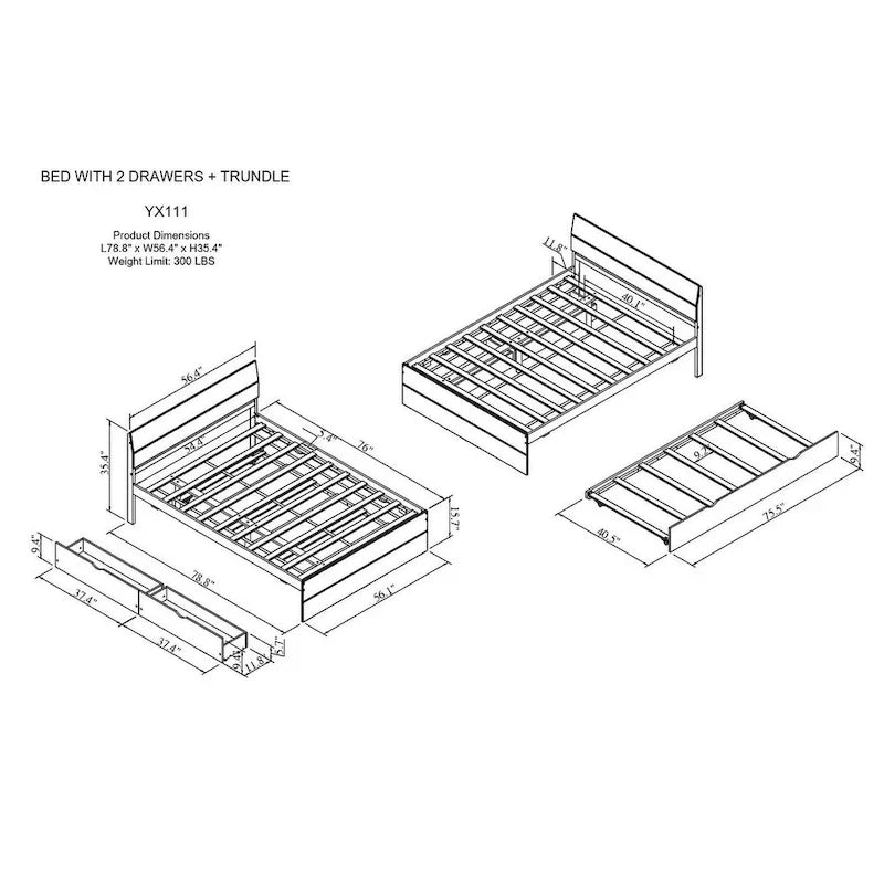 Modern Full Bed Frame With Twin Size Trundle And 2 Drawers