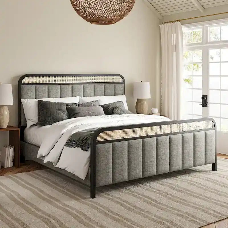 Alphons Modern Solid Wood Frame Ratten Bed with LED Headboard by HULALA HOME