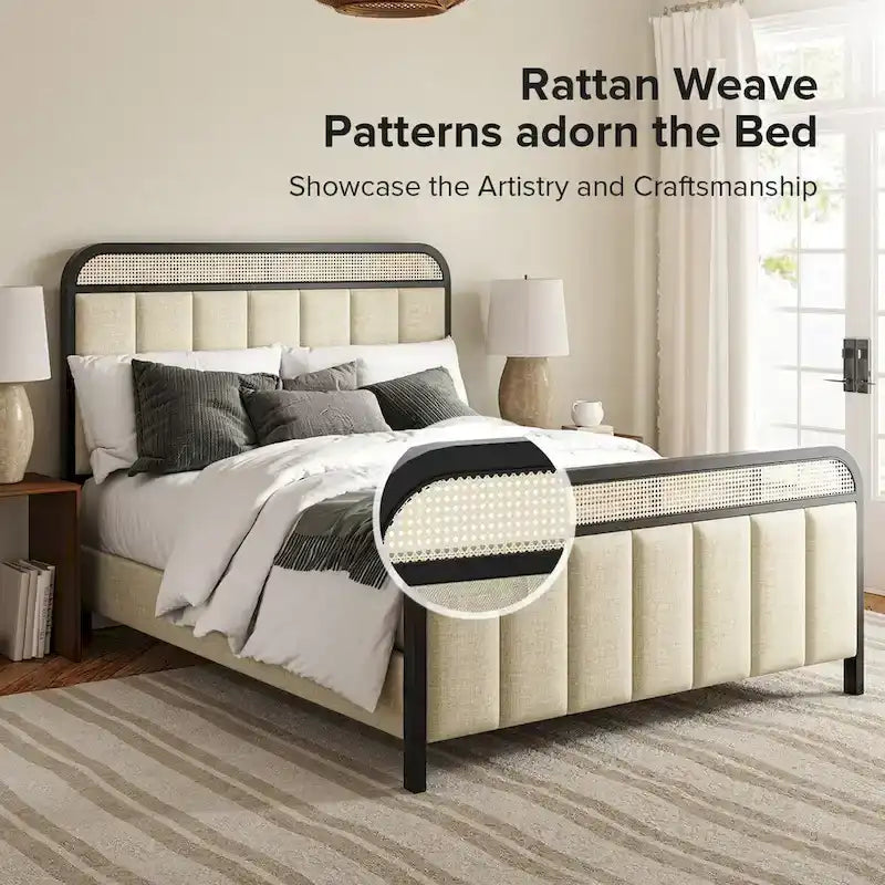 Alphons Modern Solid Wood Frame Ratten Bed with LED Headboard by HULALA HOME