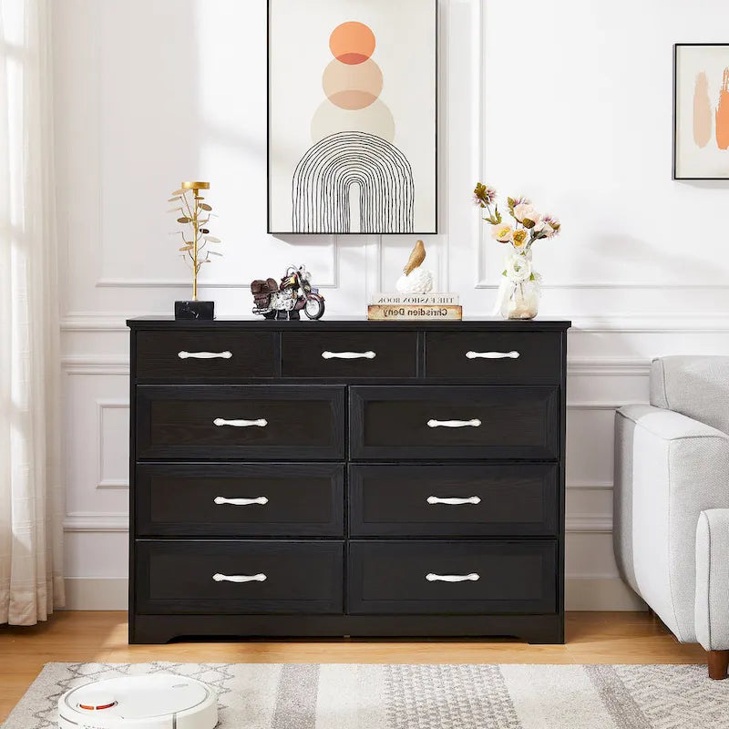Bedroom Dresser, 9 Drawer Long Dresser with Antique Handles, Wood Chest of Drawers for Kids Room, Living Room, Entry and Hallway