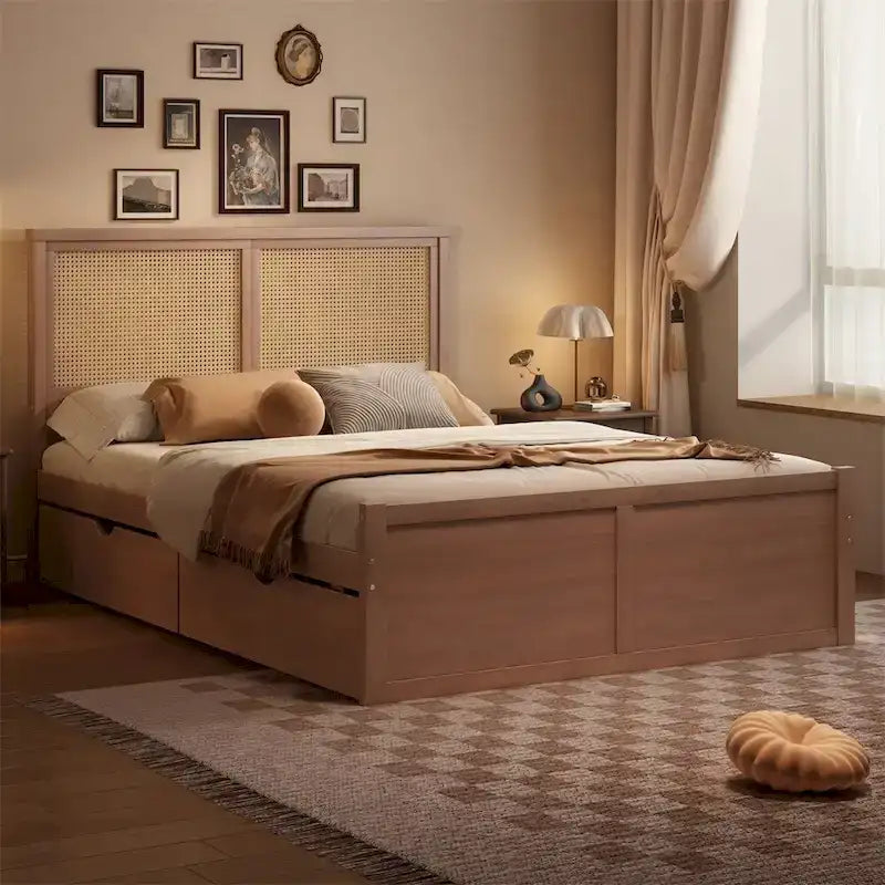 Queen Size Wood Storage Platform Bed with 4 Drawers, Rattan Headboard