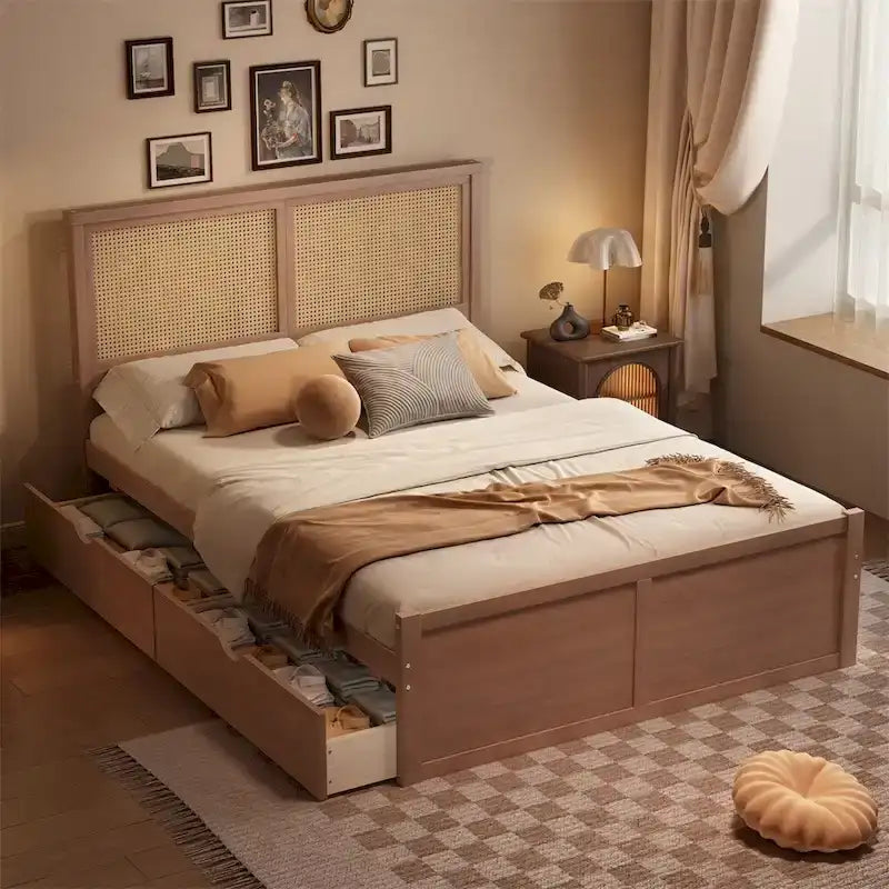 Queen Size Wood Storage Platform Bed with 4 Drawers, Rattan Headboard