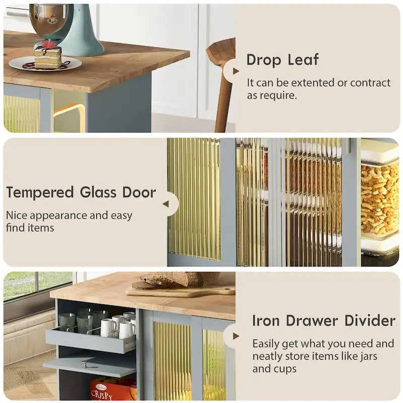 Kitchen Island with Drop Leaf Surface, LED Light, Fluted Glass Doors, Adjustable Shelf, Two Drawers, and Casters