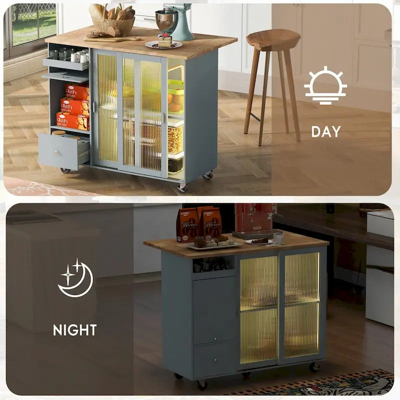 Kitchen Island with Drop Leaf Surface, LED Light, Fluted Glass Doors, Adjustable Shelf, Two Drawers, and Casters