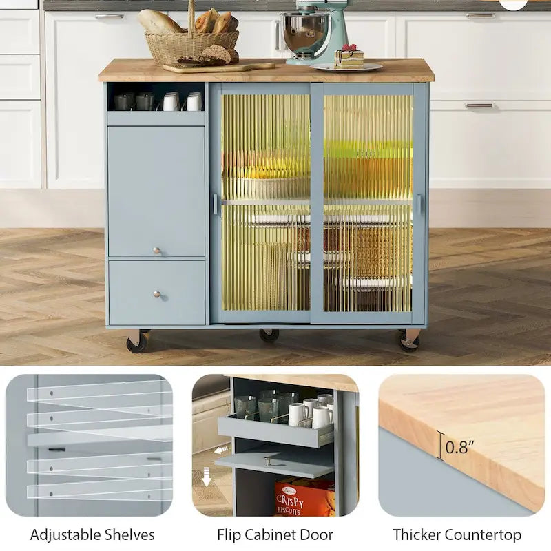 Kitchen Island with Drop Leaf Surface, LED Light, Fluted Glass Doors, Adjustable Shelf, Two Drawers, and Casters