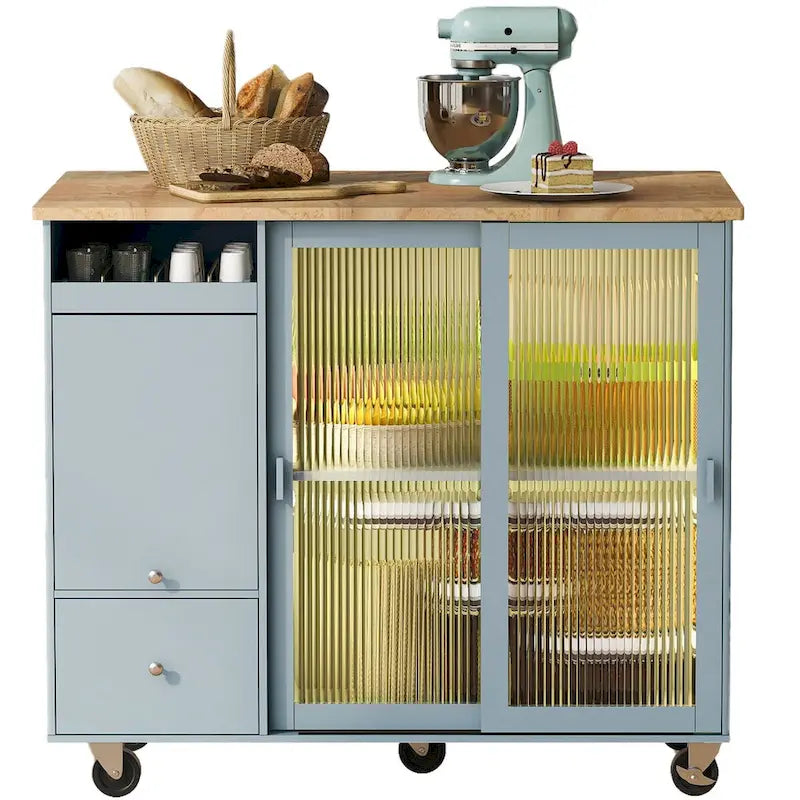 Kitchen Island with Drop Leaf Surface, LED Light, Fluted Glass Doors, Adjustable Shelf, Two Drawers, and Casters