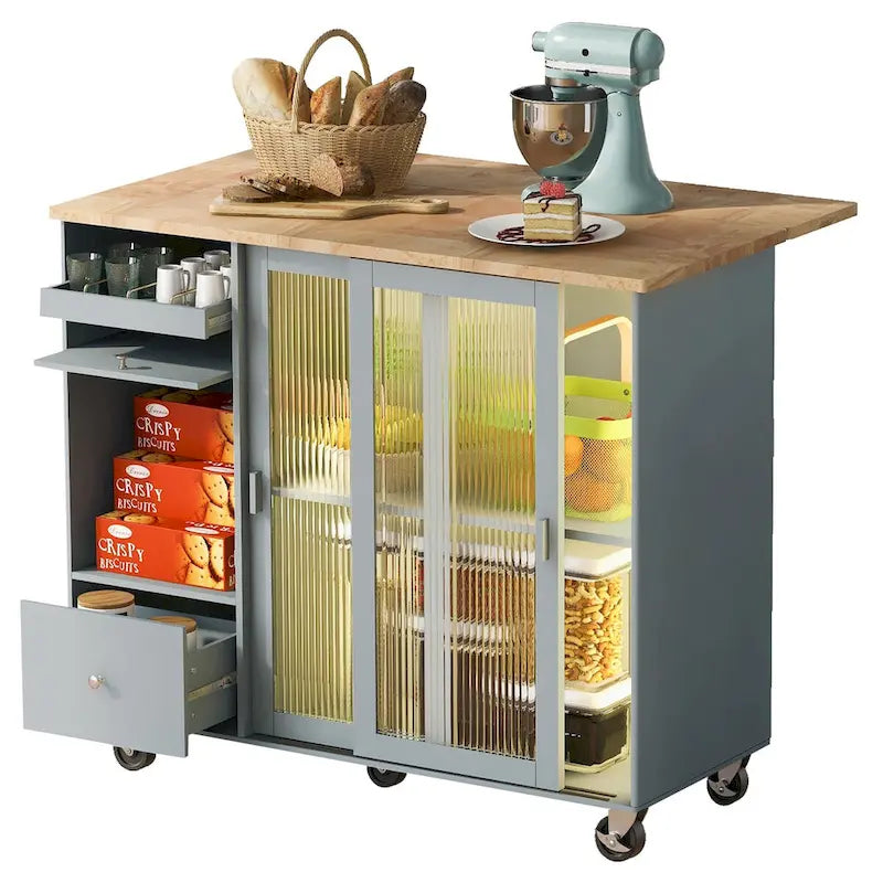 Kitchen Island with Drop Leaf Surface, LED Light, Fluted Glass Doors, Adjustable Shelf, Two Drawers, and Casters