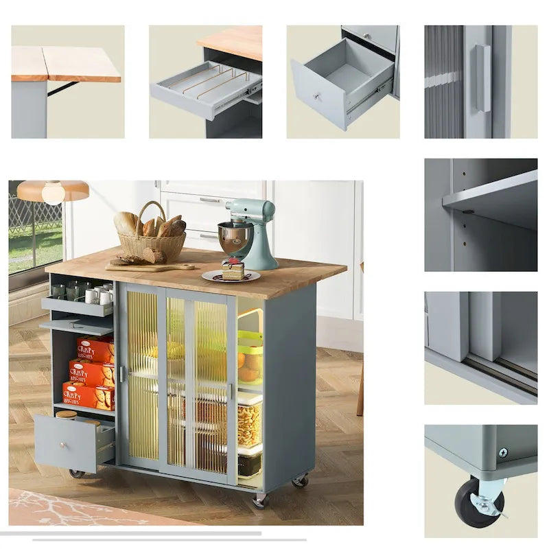 Kitchen Island with Drop Leaf Surface, LED Light, Fluted Glass Doors, Adjustable Shelf, Two Drawers, and Casters