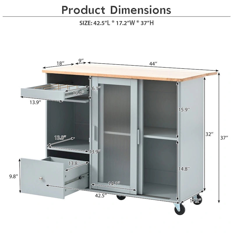 Kitchen Island with Drop Leaf Surface, LED Light, Fluted Glass Doors, Adjustable Shelf, Two Drawers, and Casters