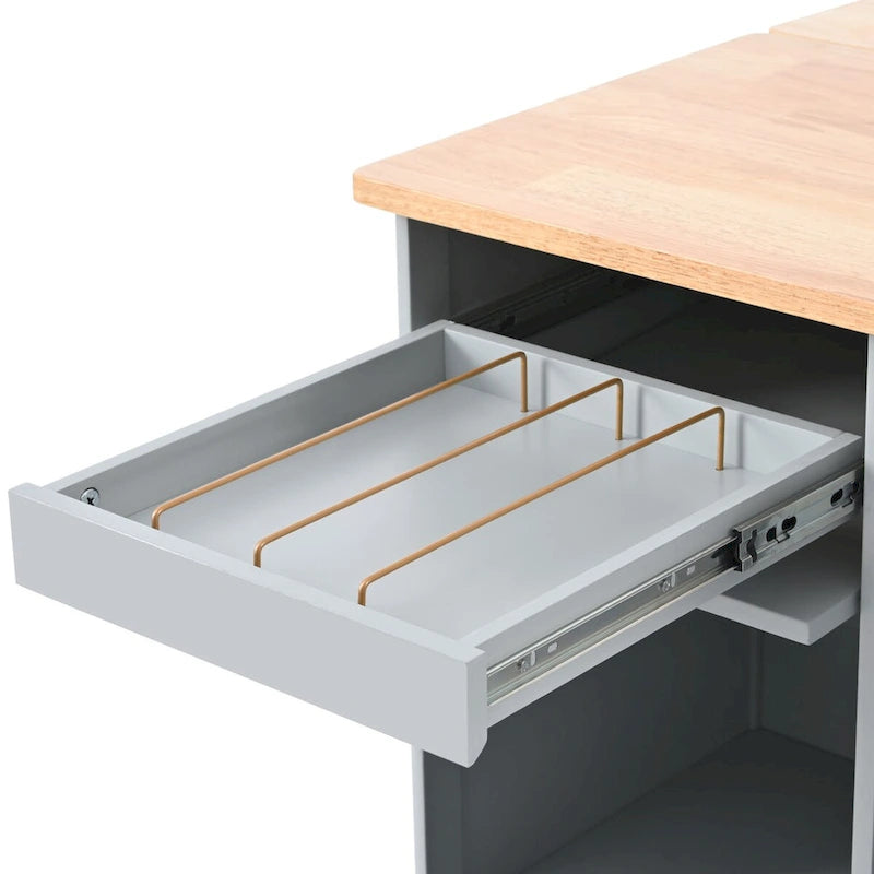 Kitchen Island with Drop Leaf Surface, LED Light, Fluted Glass Doors, Adjustable Shelf, Two Drawers, and Casters