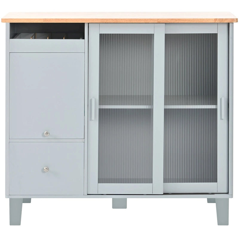 Kitchen Island with Drop Leaf Surface, LED Light, Fluted Glass Doors, Adjustable Shelf, Two Drawers, and Casters