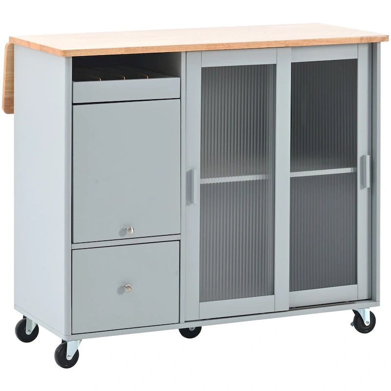 Kitchen Island with Drop Leaf Surface, LED Light, Fluted Glass Doors, Adjustable Shelf, Two Drawers, and Casters