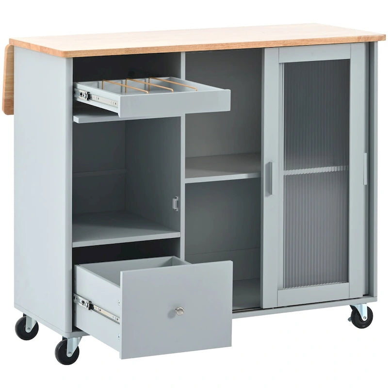 Kitchen Island with Drop Leaf Surface, LED Light, Fluted Glass Doors, Adjustable Shelf, Two Drawers, and Casters