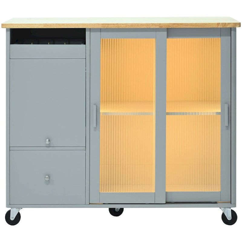 Kitchen Island with Drop Leaf Surface, LED Light, Fluted Glass Doors, Adjustable Shelf, Two Drawers, and Casters