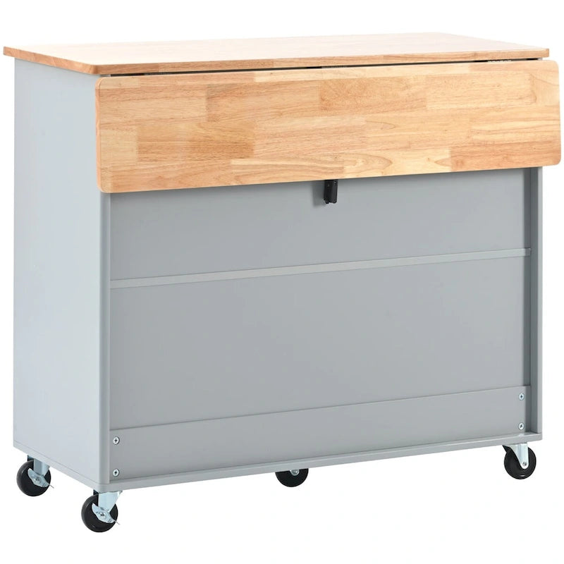 Kitchen Island with Drop Leaf Surface, LED Light, Fluted Glass Doors, Adjustable Shelf, Two Drawers, and Casters