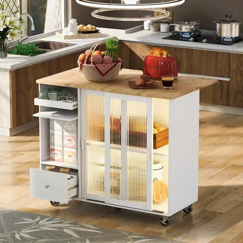 Kitchen Island with Drop Leaf Surface, LED Light, Fluted Glass Doors, Adjustable Shelf, Two Drawers, and Casters