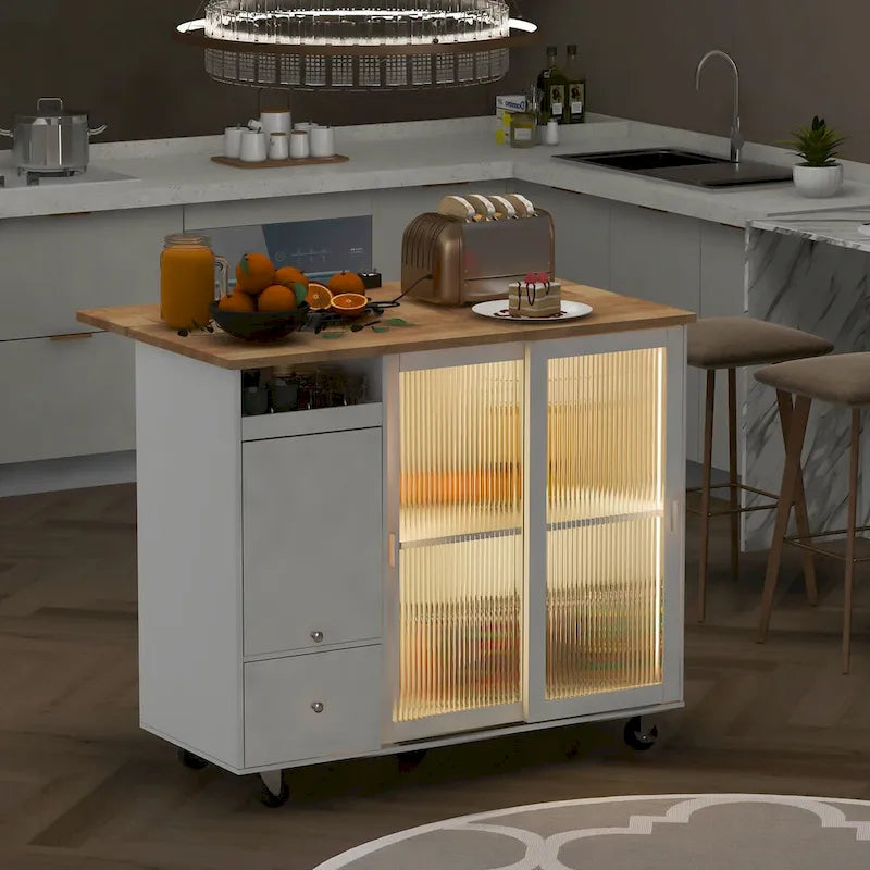 Kitchen Island with Drop Leaf Surface, LED Light, Fluted Glass Doors, Adjustable Shelf, Two Drawers, and Casters