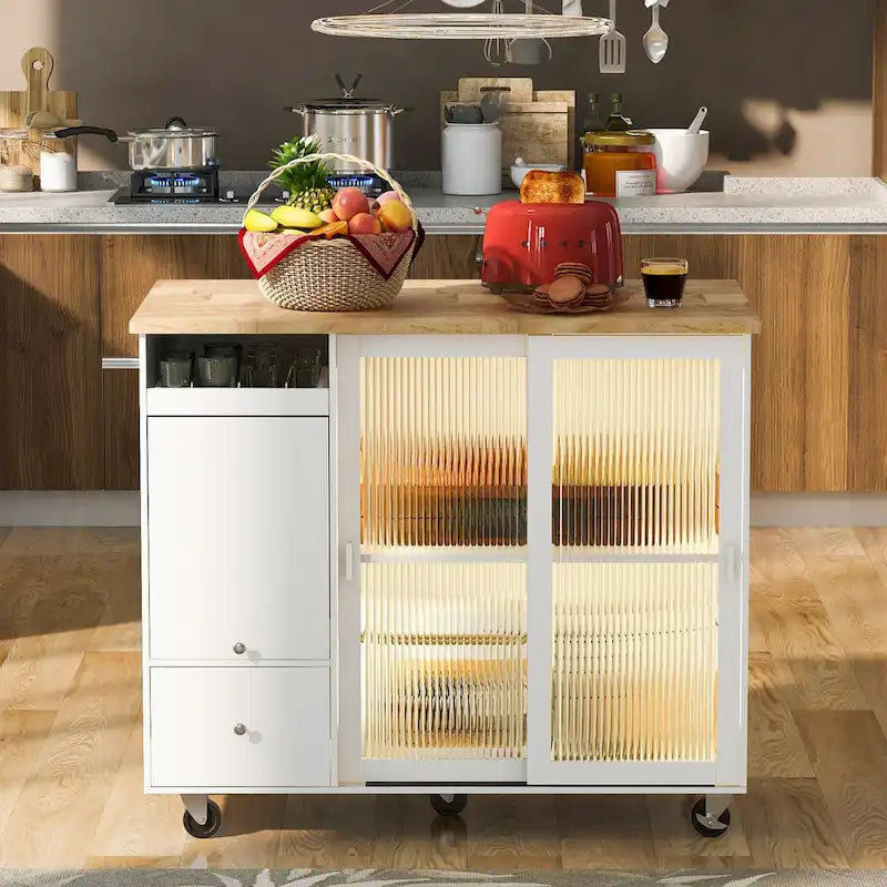 Kitchen Island with Drop Leaf Surface, LED Light, Fluted Glass Doors, Adjustable Shelf, Two Drawers, and Casters