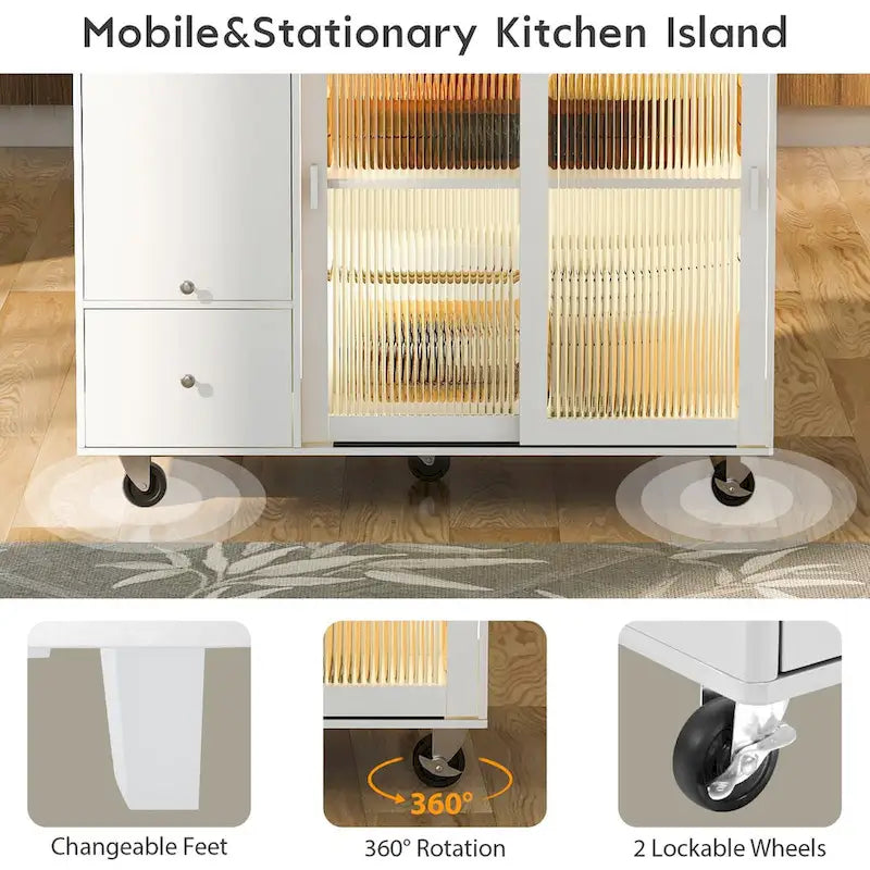 Kitchen Island with Drop Leaf Surface, LED Light, Fluted Glass Doors, Adjustable Shelf, Two Drawers, and Casters