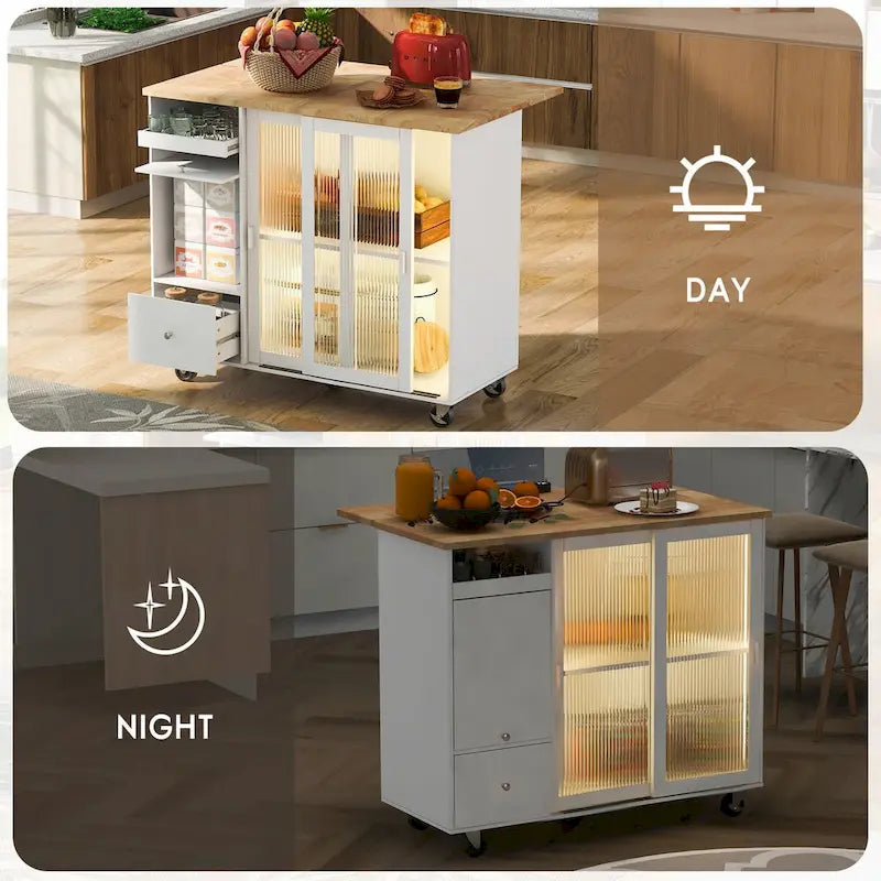 Kitchen Island with Drop Leaf Surface, LED Light, Fluted Glass Doors, Adjustable Shelf, Two Drawers, and Casters