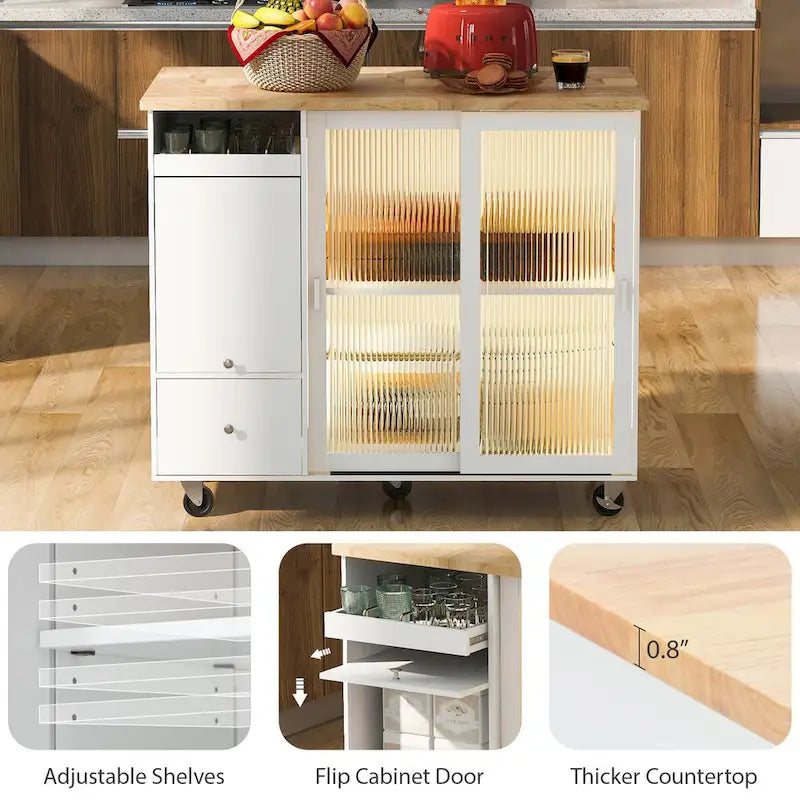 Kitchen Island with Drop Leaf Surface, LED Light, Fluted Glass Doors, Adjustable Shelf, Two Drawers, and Casters